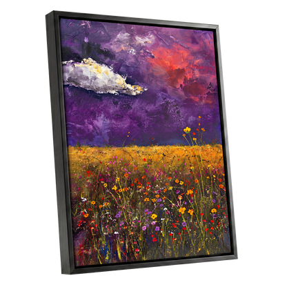 Violet Meadow Glow, purple, yellow, orange floral wall art shown as a black framed canvas wall art