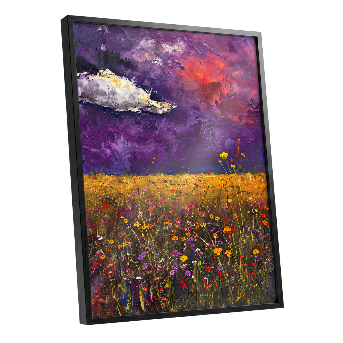 Violet Meadow Glow, purple, yellow, orange floral wall art shown as a black framed poster wall art print