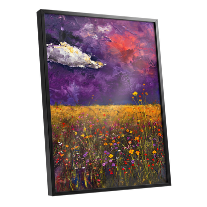 Violet Meadow Glow, purple, yellow, orange floral wall art shown as a black framed poster wall art print