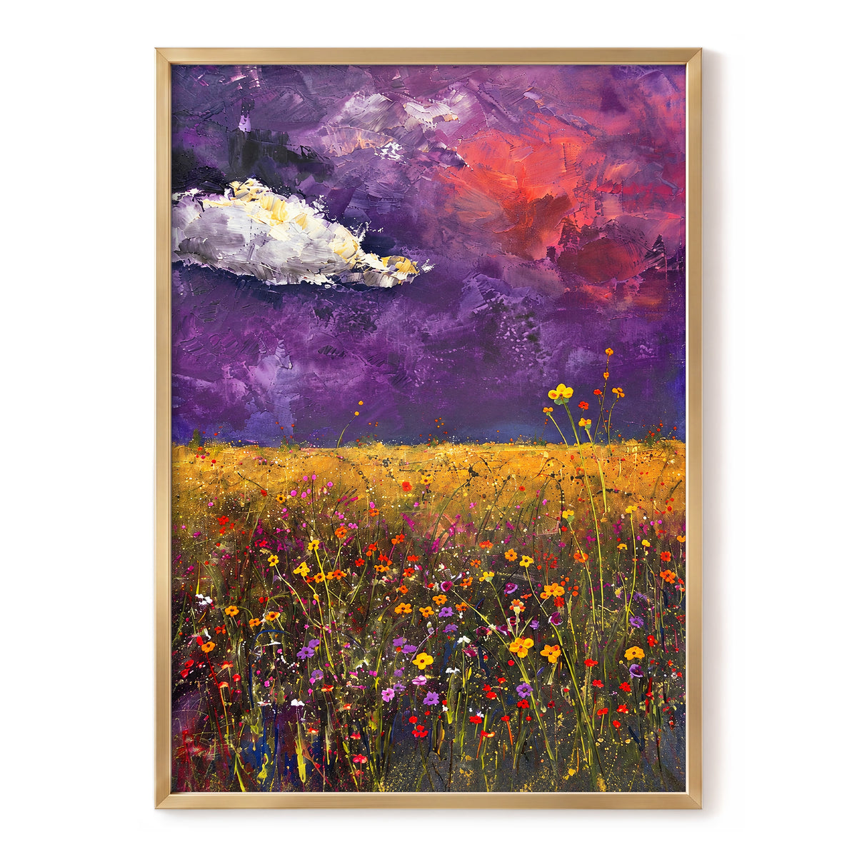 Violet Meadow Glow, purple, yellow, orange floral wall art, front artwork view
