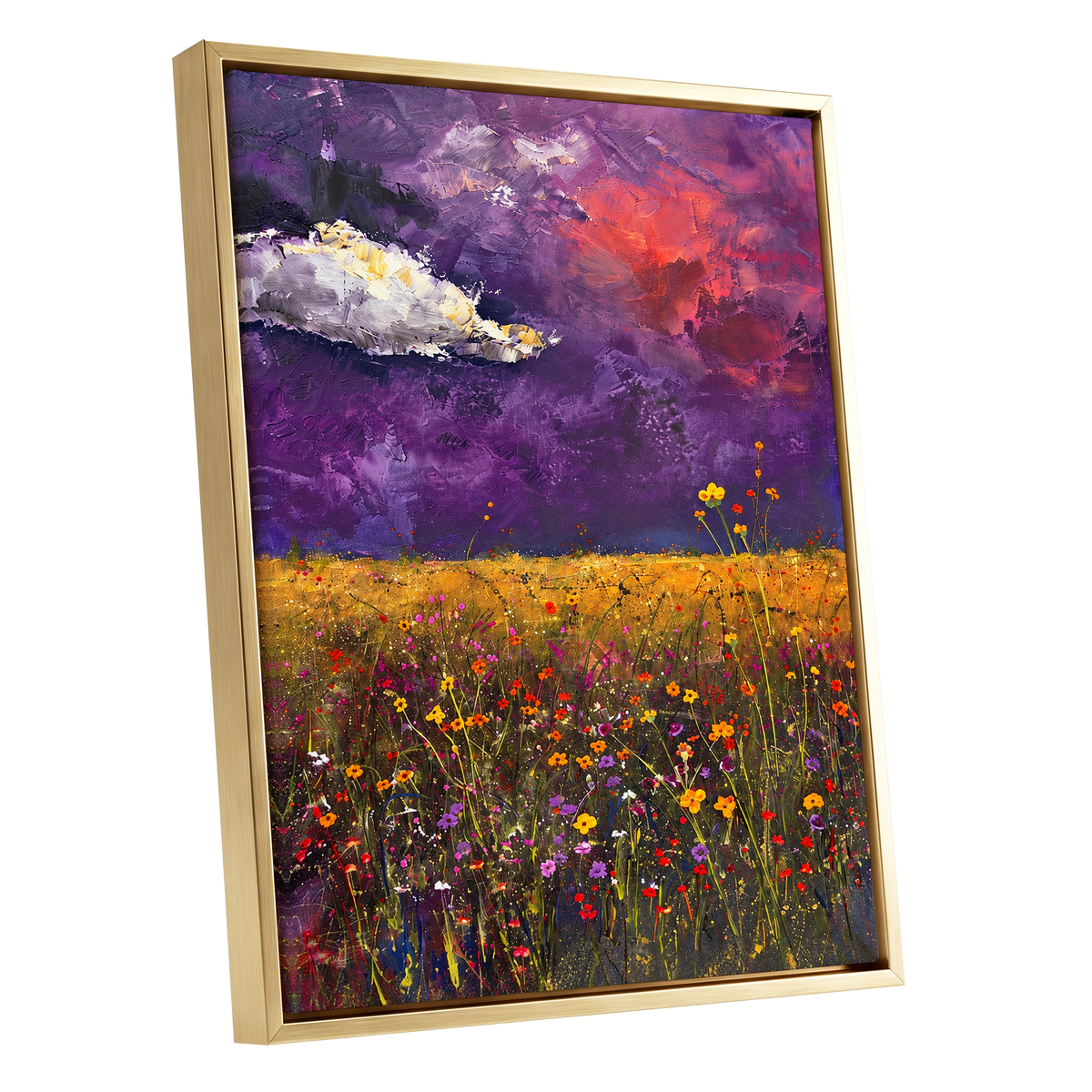 Violet Meadow Glow, purple, yellow, orange floral wall art shown as a gold framed canvas wall art
