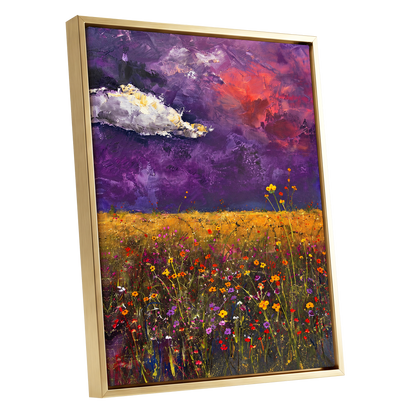 Violet Meadow Glow, purple, yellow, orange floral wall art shown as a gold framed canvas wall art