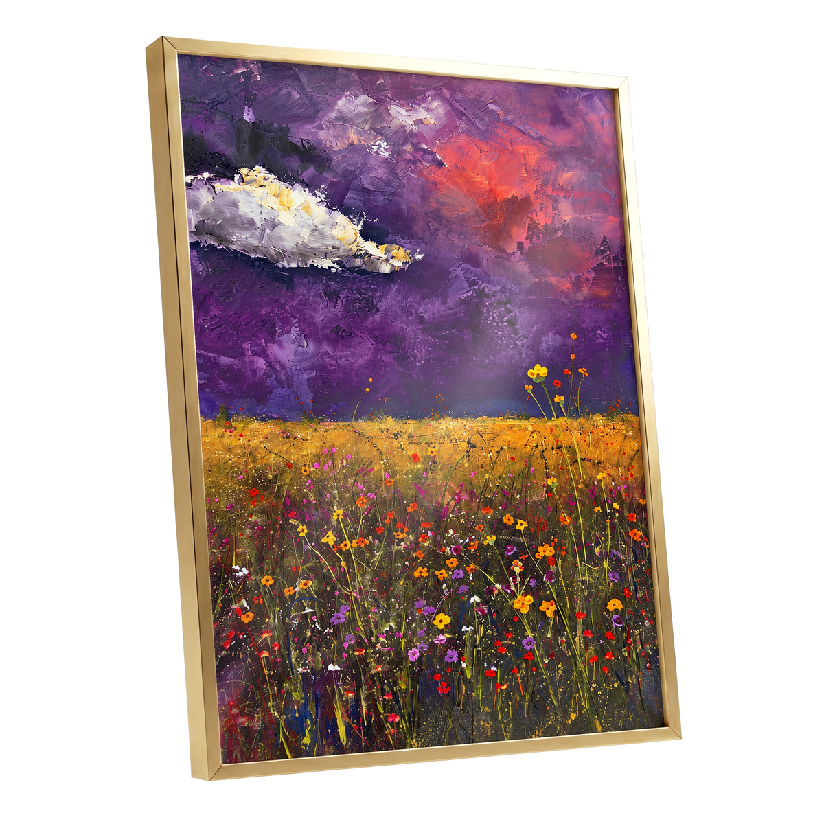 Violet Meadow Glow, purple, yellow, orange floral wall art shown as a gold framed poster wall art print