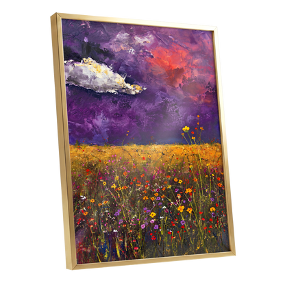 Violet Meadow Glow, purple, yellow, orange floral wall art shown as a gold framed poster wall art print