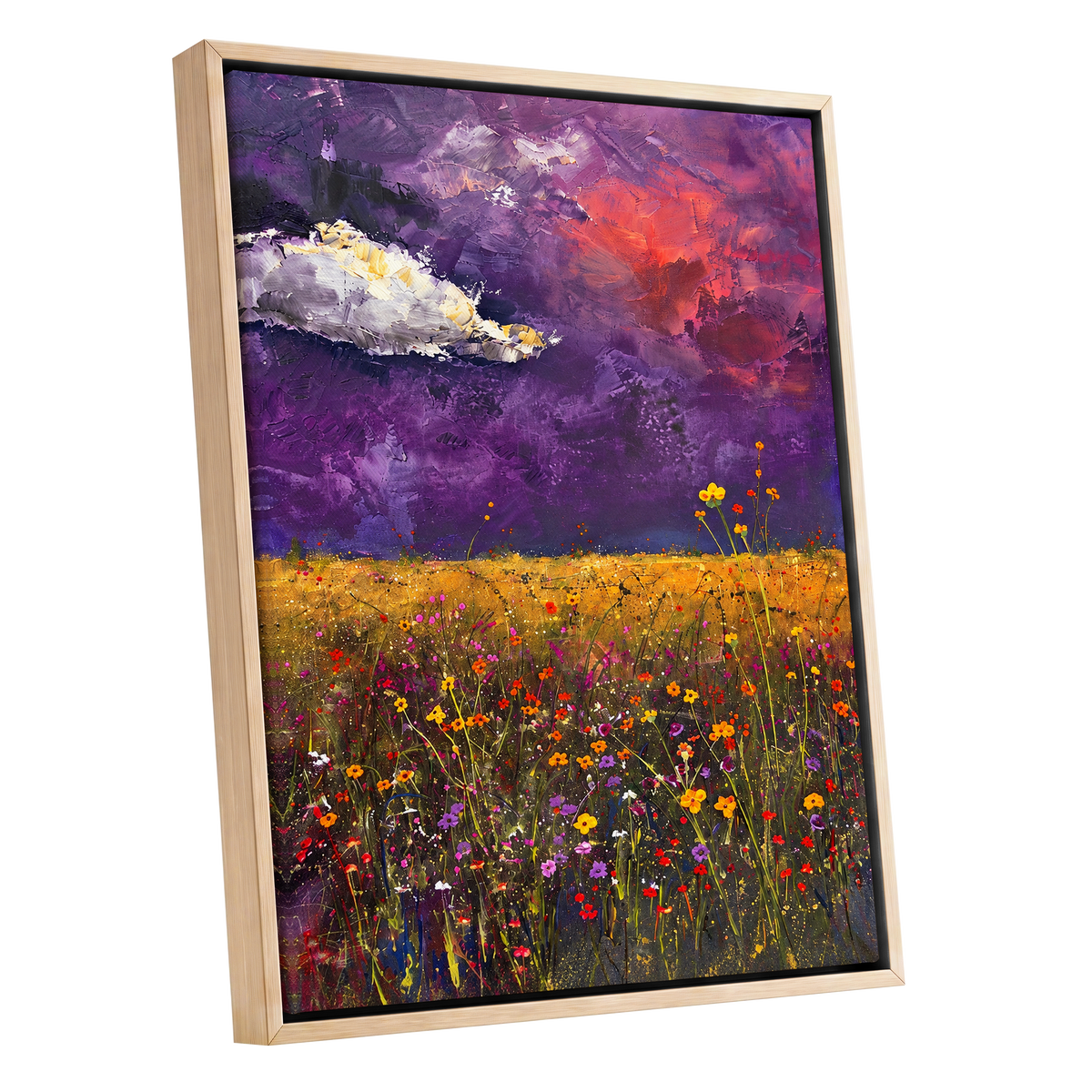 Violet Meadow Glow, purple, yellow, orange floral wall art shown as a oak framed canvas wall art