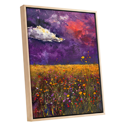 Violet Meadow Glow, purple, yellow, orange floral wall art shown as a oak framed canvas wall art