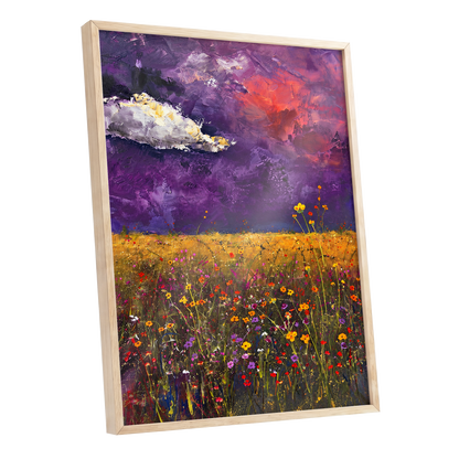 Violet Meadow Glow, purple, yellow, orange floral wall art shown as a oak framed poster wall art print
