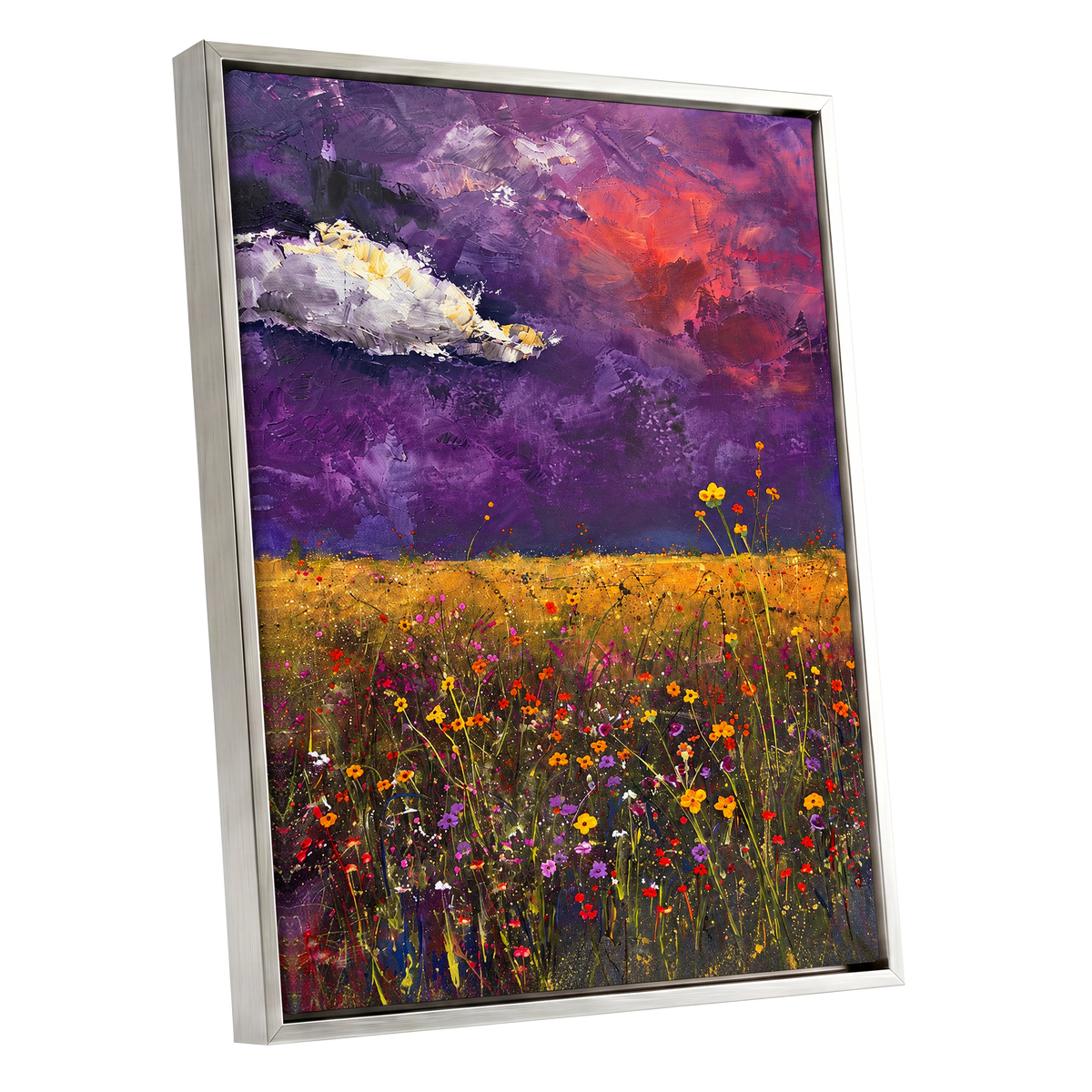 Violet Meadow Glow, purple, yellow, orange floral wall art shown as a silver framed canvas wall art