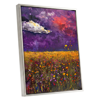 Violet Meadow Glow, purple, yellow, orange floral wall art shown as a silver framed canvas wall art