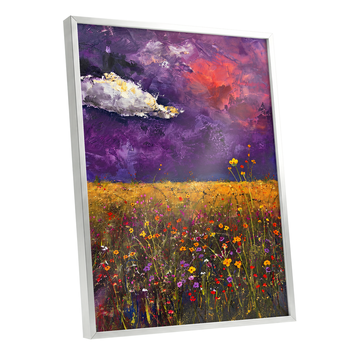 Violet Meadow Glow, purple, yellow, orange floral wall art shown as a silver framed poster wall art print