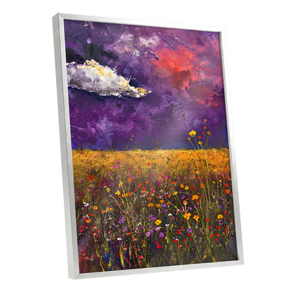 Violet Meadow Glow, purple, yellow, orange floral wall art shown as a silver framed poster wall art print