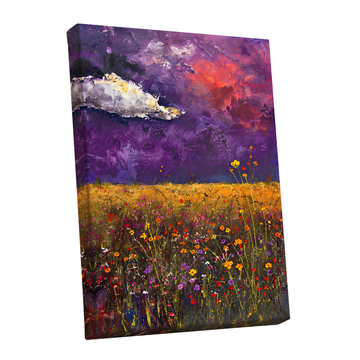Violet Meadow Glow, purple, yellow, orange floral wall art shown as a stretched canvas wall art