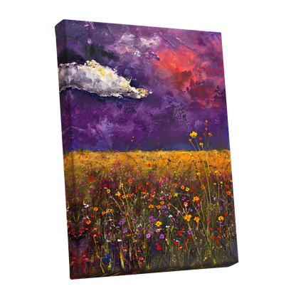 Violet Meadow Glow, purple, yellow, orange floral wall art shown as a stretched canvas wall art