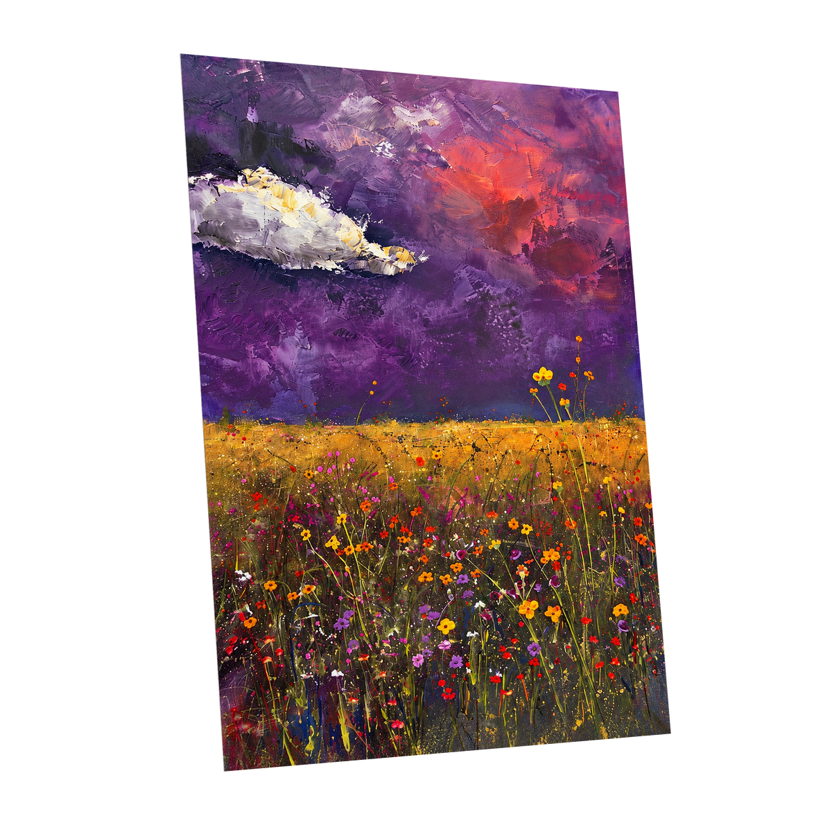 Violet Meadow Glow, purple, yellow, orange floral wall art shown as a unframed poster wall art print