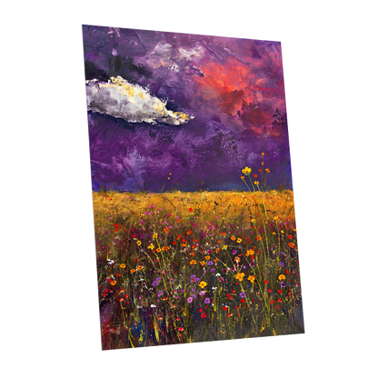 Violet Meadow Glow, purple, yellow, orange floral wall art shown as a unframed poster wall art print