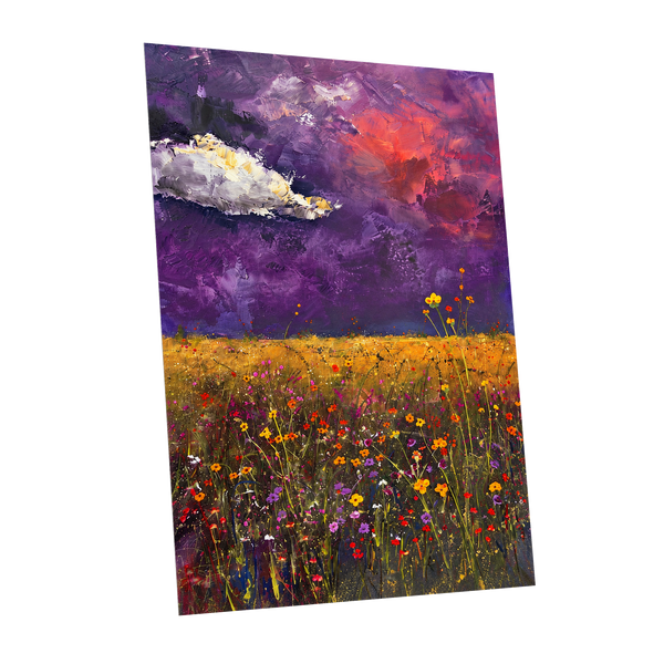 Violet Meadow Glow, purple, yellow, orange floral wall art shown as a unframed poster wall art print