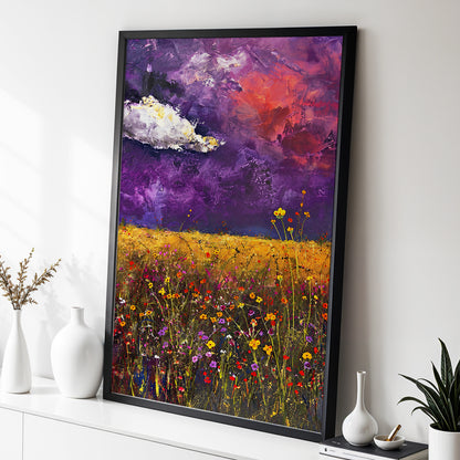 Violet Meadow Glow, purple, yellow, orange floral wall art displayed in a styled interior, gallery view 2