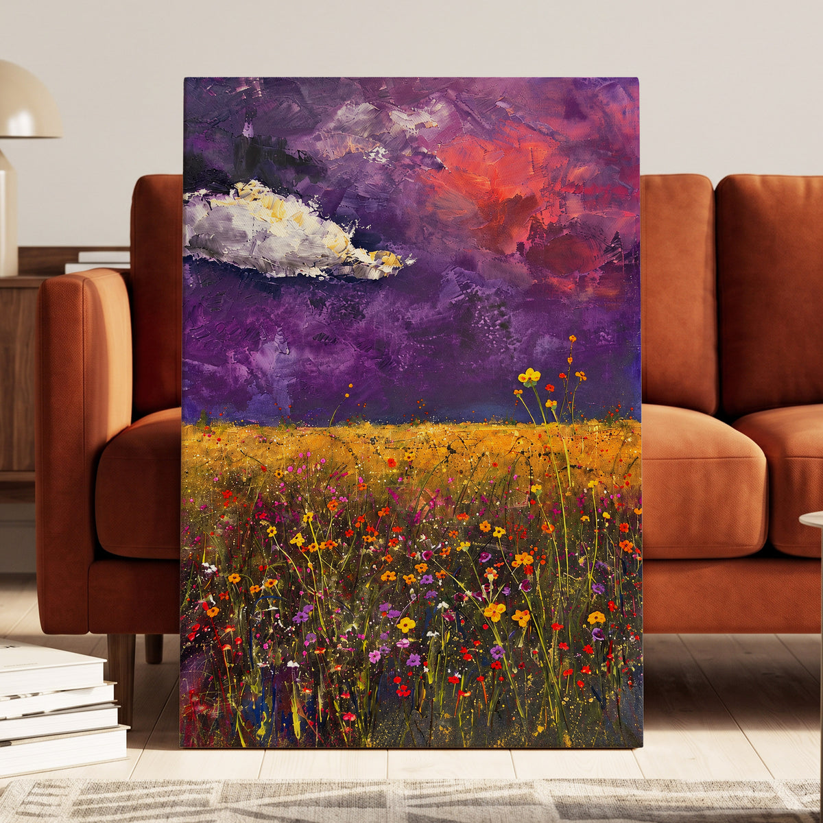 Violet Meadow Glow, purple, yellow, orange floral wall art displayed in a styled interior, gallery view 3