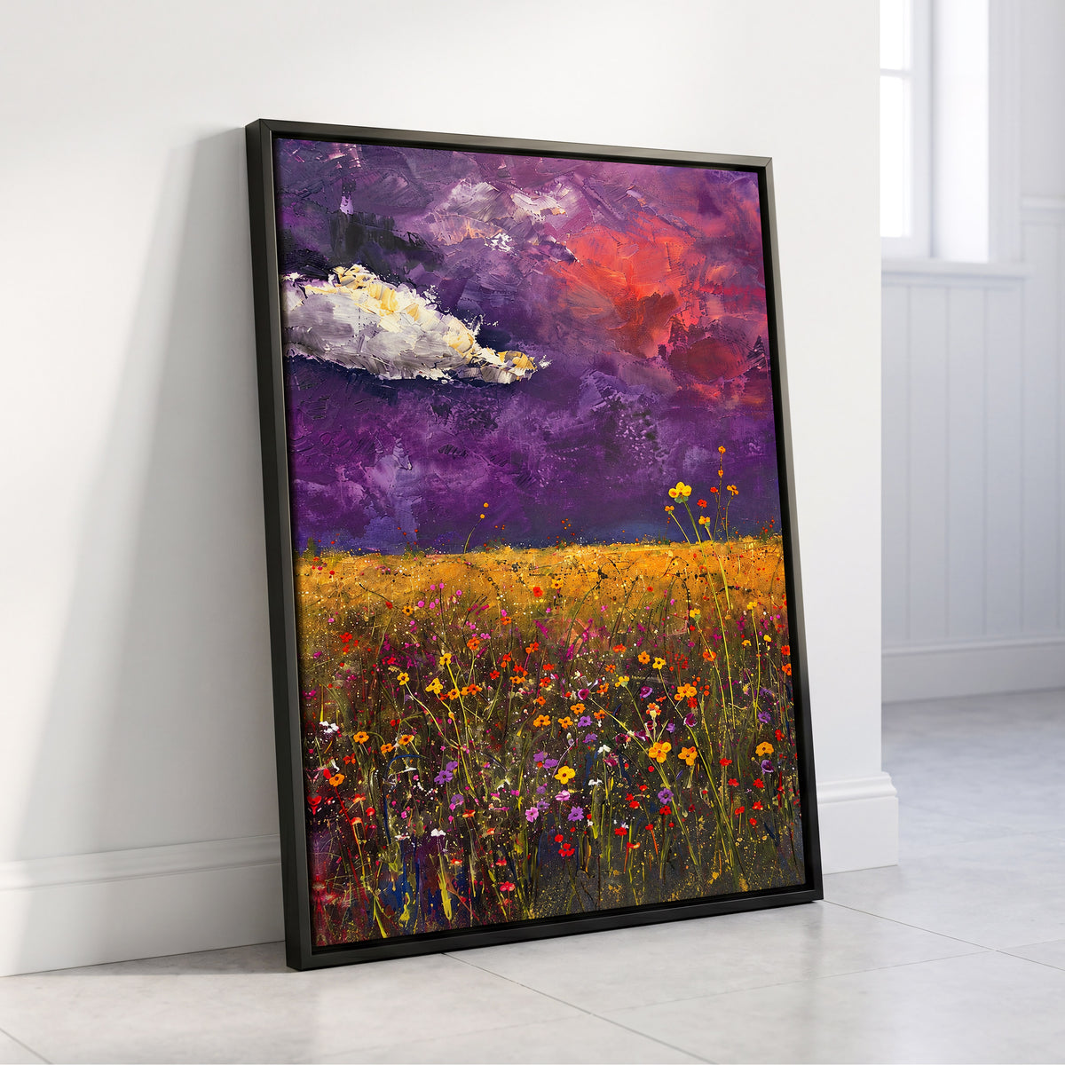 Violet Meadow Glow, purple, yellow, orange floral wall art displayed in a styled interior, gallery view 4