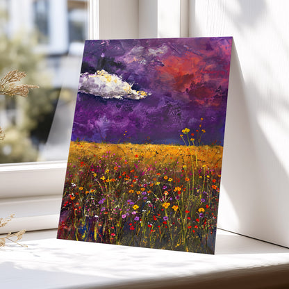 Violet Meadow Glow, purple, yellow, orange floral wall art displayed in a styled interior, gallery view 5