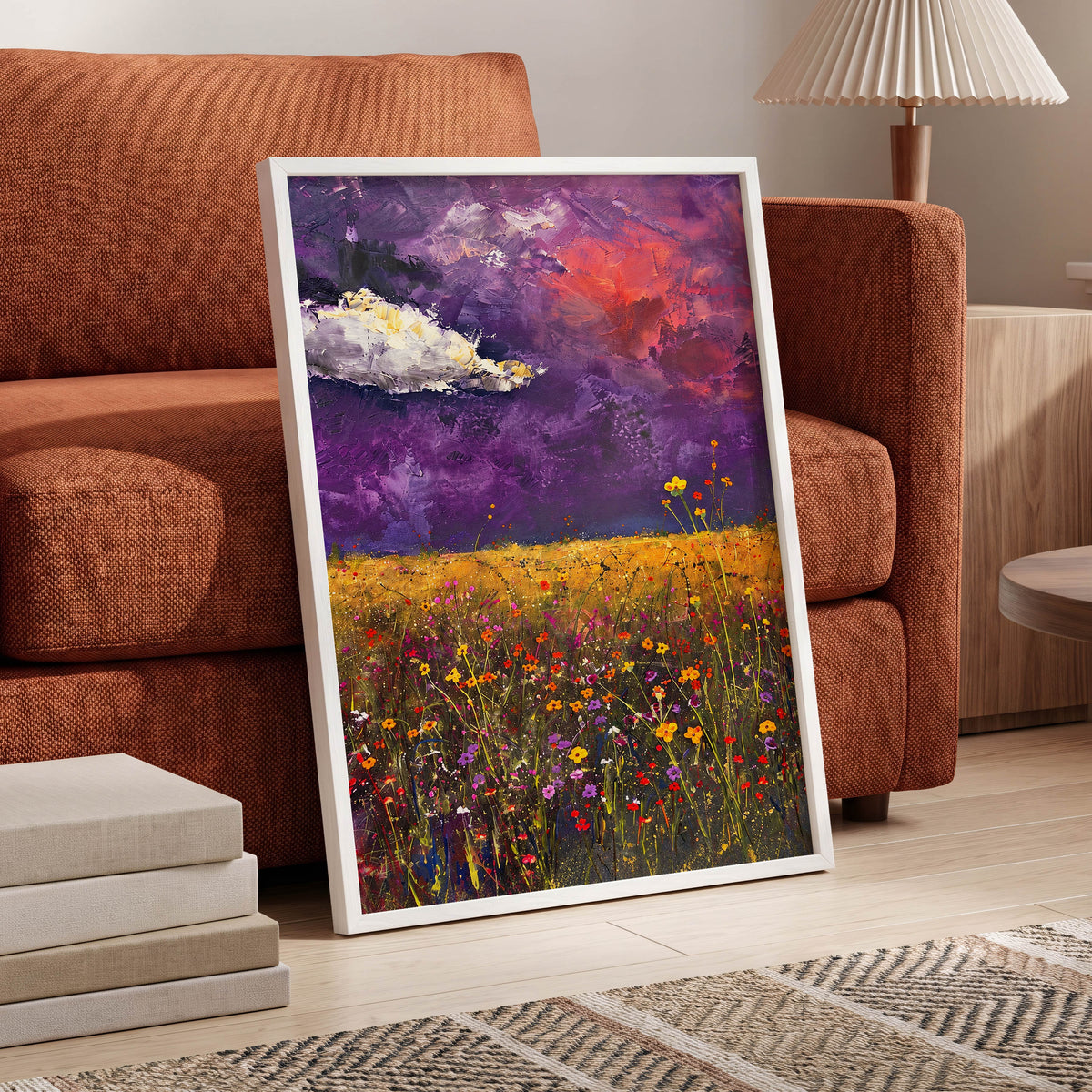 Violet Meadow Glow, purple, yellow, orange floral wall art displayed in a styled interior, gallery view 6