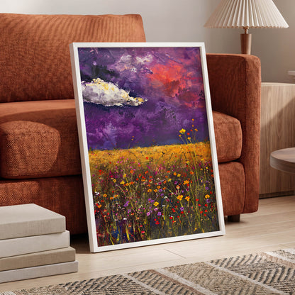 Violet Meadow Glow, purple, yellow, orange floral wall art displayed in a styled interior, gallery view 6