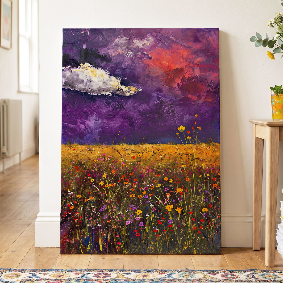 Violet Meadow Glow, purple, yellow, orange floral wall art displayed in a styled interior, gallery view 7