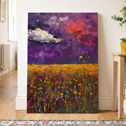Violet Meadow Glow, purple, yellow, orange floral wall art displayed in a styled interior, gallery view 7