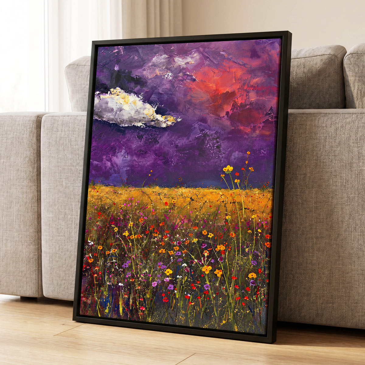 Violet Meadow Glow, purple, yellow, orange floral wall art displayed in a styled interior, gallery view 8