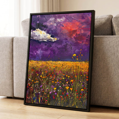 Violet Meadow Glow, purple, yellow, orange floral wall art displayed in a styled interior, gallery view 8