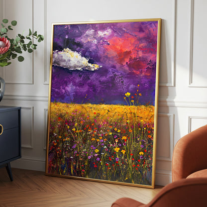 Violet Meadow Glow, purple, yellow, orange floral wall art displayed in a styled interior, gallery view 9