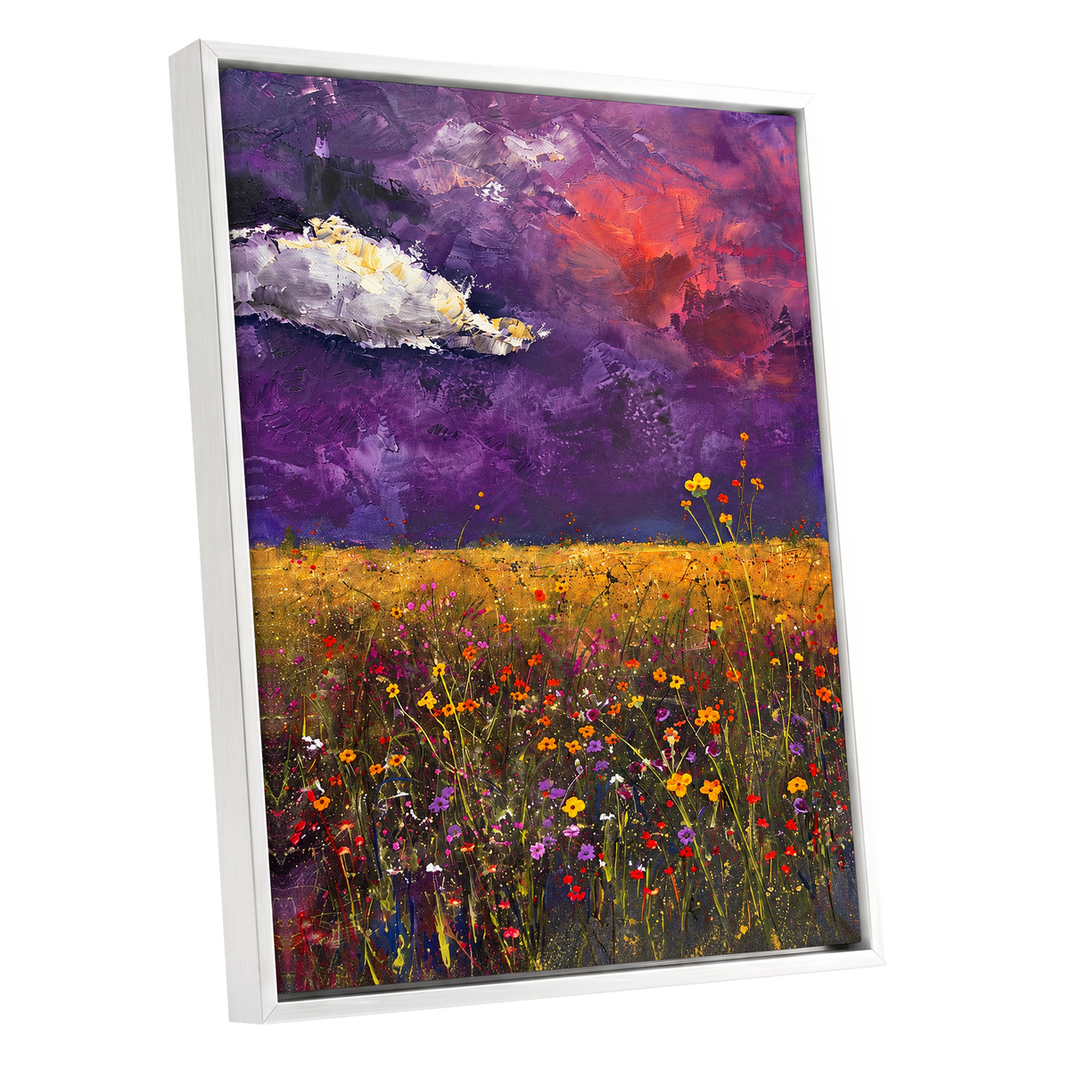 Violet Meadow Glow, purple, yellow, orange floral wall art shown as a white framed canvas wall art