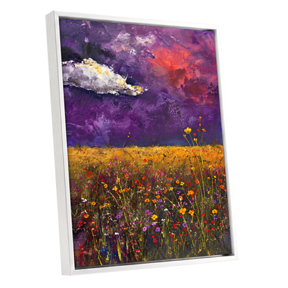 Violet Meadow Glow, purple, yellow, orange floral wall art shown as a white framed canvas wall art
