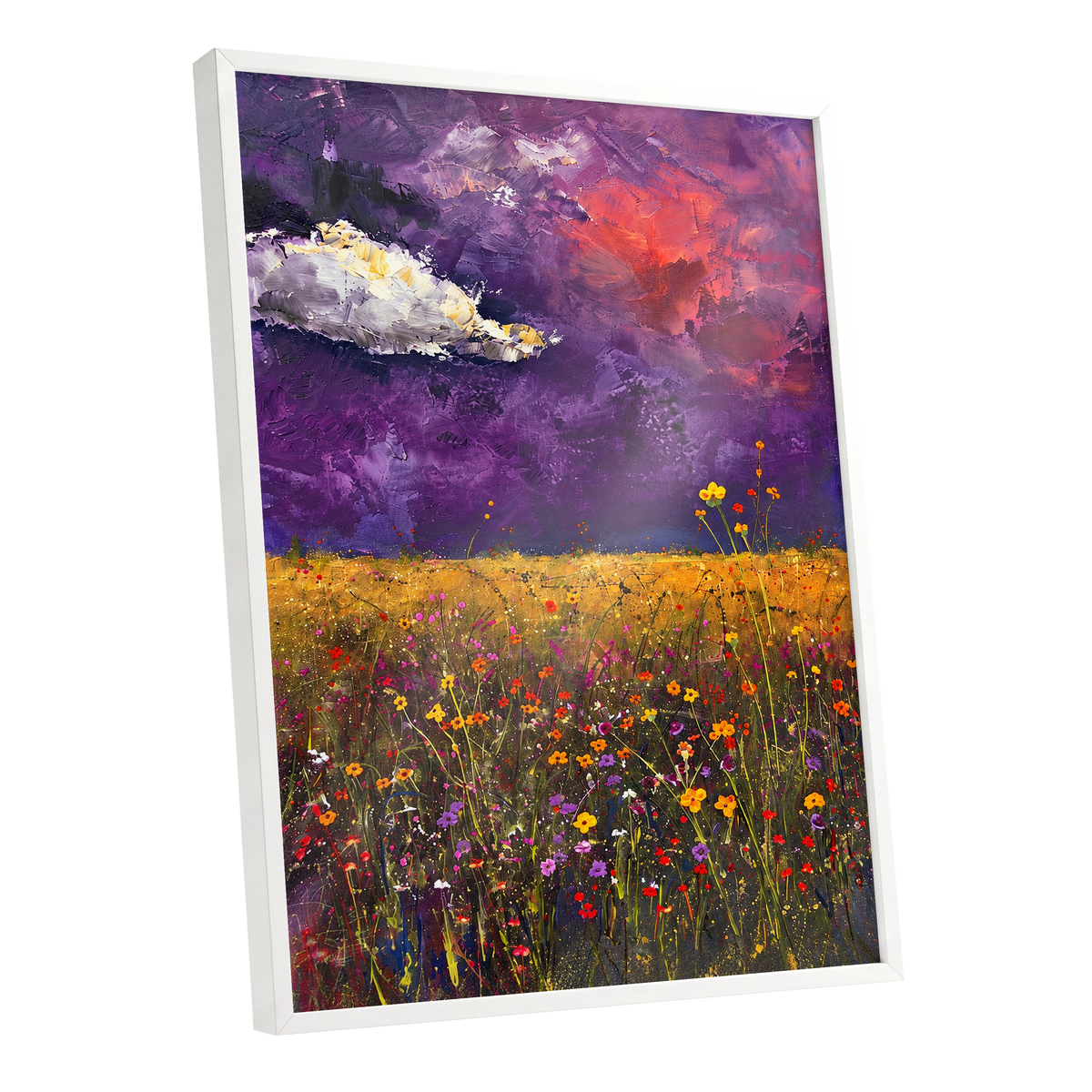 Violet Meadow Glow, purple, yellow, orange floral wall art shown as a white framed poster wall art print