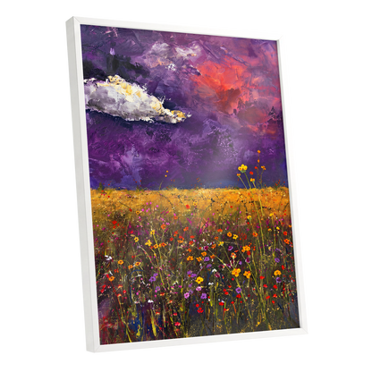 Violet Meadow Glow, purple, yellow, orange floral wall art shown as a white framed poster wall art print