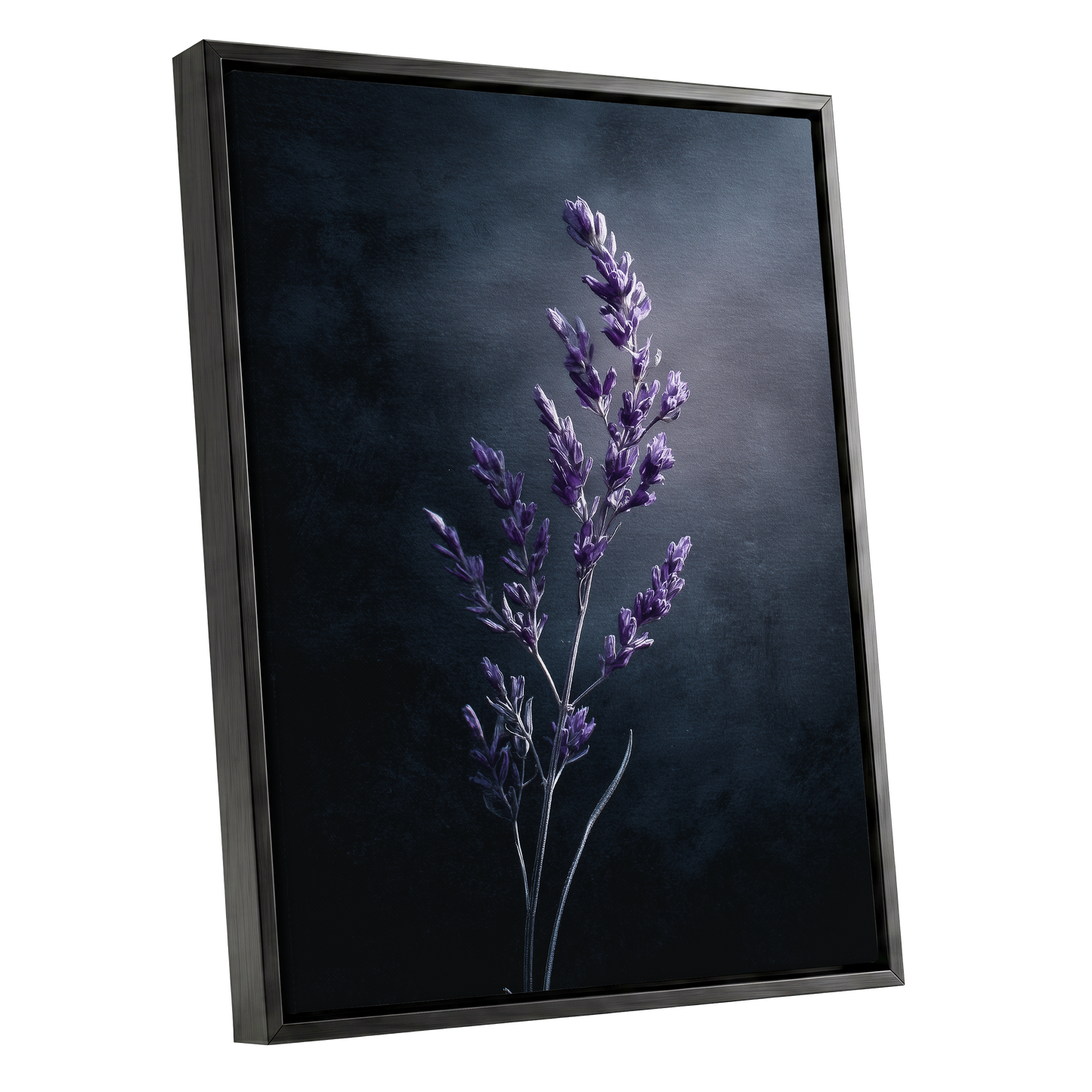 Violet Nocturne, black, blue, gray floral wall art shown as a black framed canvas wall art