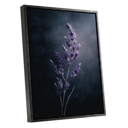 Violet Nocturne, black, blue, gray floral wall art shown as a black framed canvas wall art