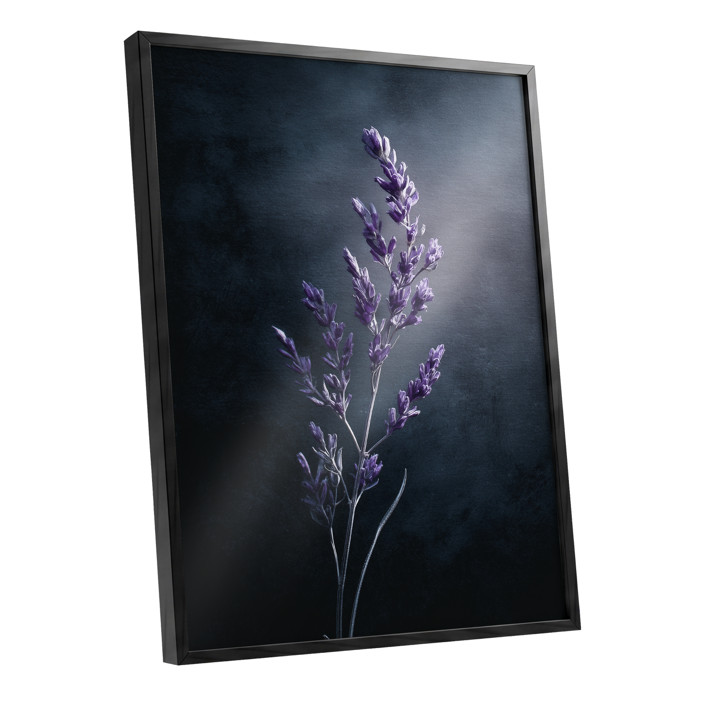 Violet Nocturne, black, blue, gray floral wall art shown as a black framed poster wall art print