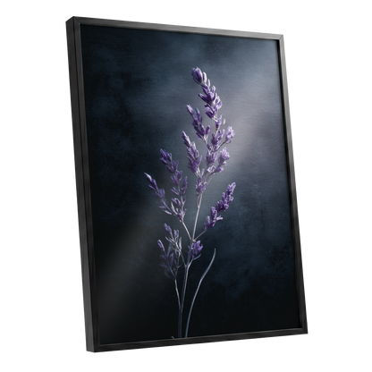 Violet Nocturne, black, blue, gray floral wall art shown as a black framed poster wall art print