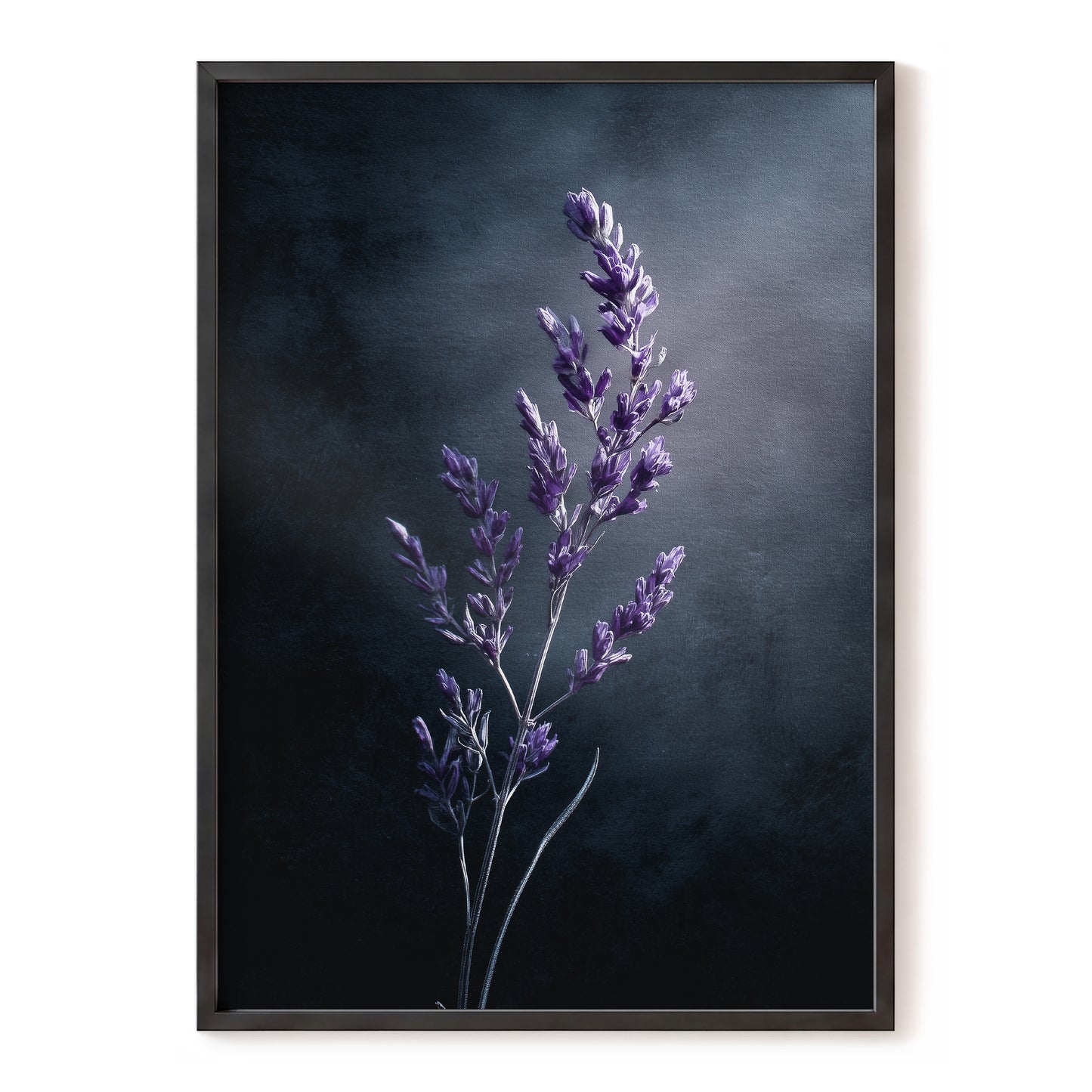 Violet Nocturne, black, blue, gray floral wall art, front artwork view