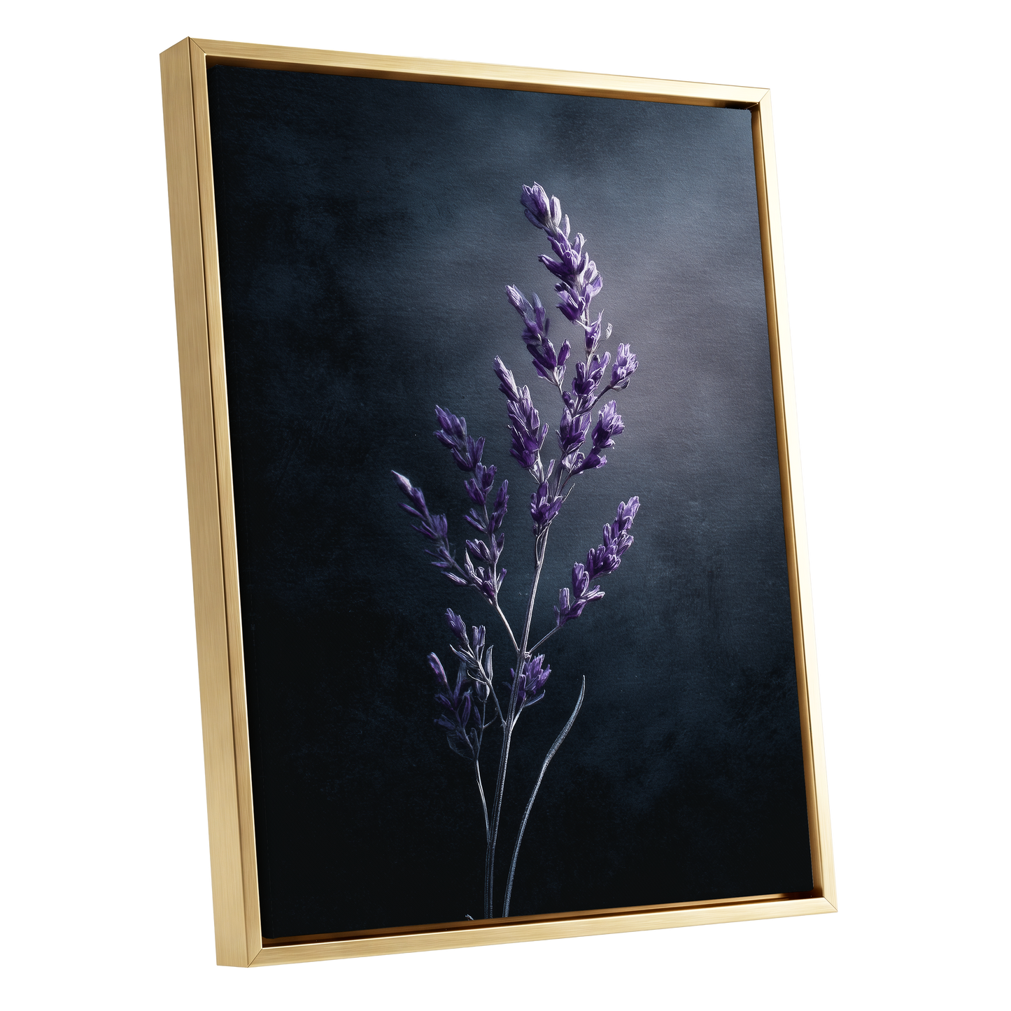 Violet Nocturne, black, blue, gray floral wall art shown as a gold framed canvas wall art