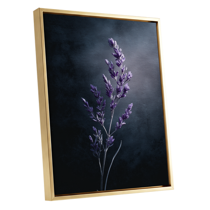 Violet Nocturne, black, blue, gray floral wall art shown as a gold framed canvas wall art