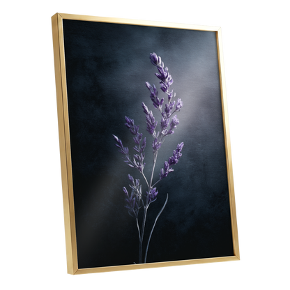 Violet Nocturne, black, blue, gray floral wall art shown as a gold framed poster wall art print
