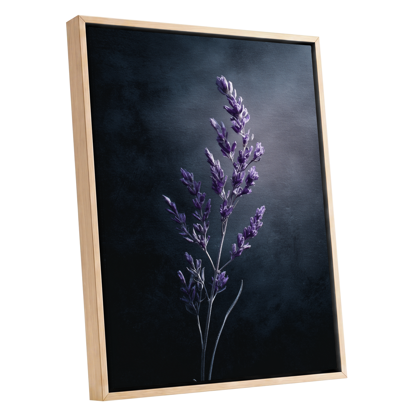 Violet Nocturne, black, blue, gray floral wall art shown as a oak framed canvas wall art