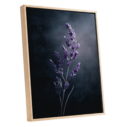 Violet Nocturne, black, blue, gray floral wall art shown as a oak framed canvas wall art