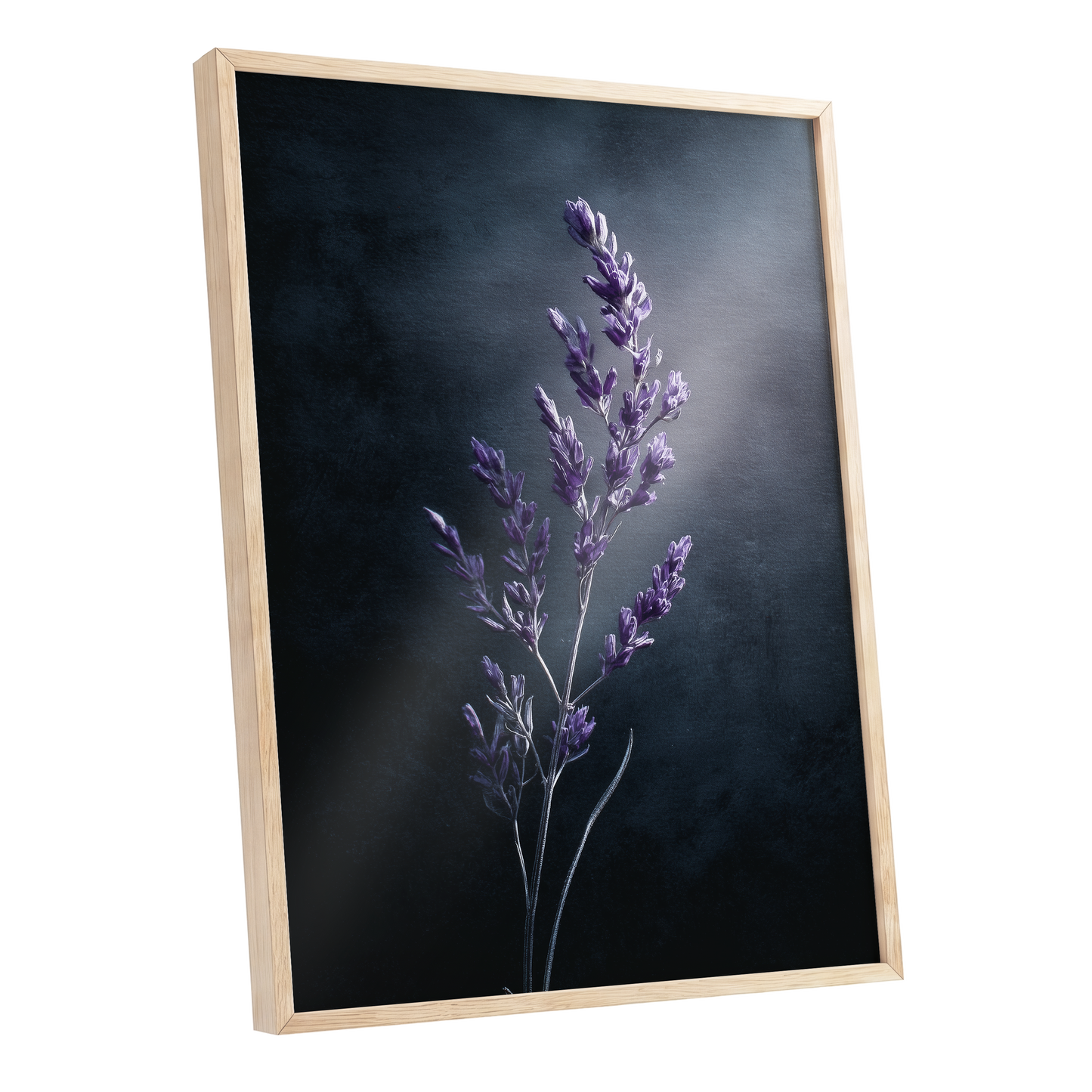 Violet Nocturne, black, blue, gray floral wall art shown as a oak framed poster wall art print