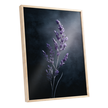 Violet Nocturne, black, blue, gray floral wall art shown as a oak framed poster wall art print