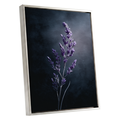 Violet Nocturne, black, blue, gray floral wall art shown as a silver framed canvas wall art