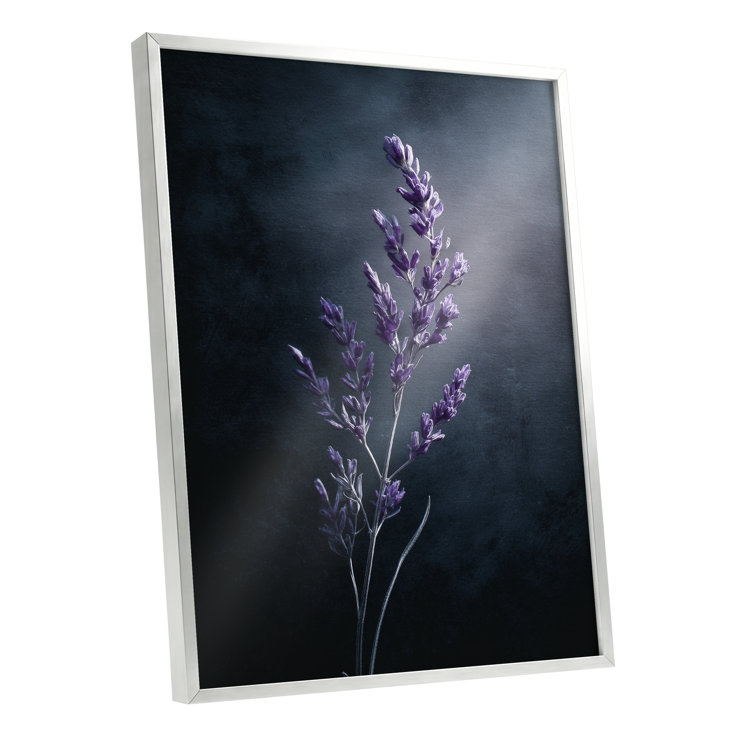 Violet Nocturne, black, blue, gray floral wall art shown as a silver framed poster wall art print
