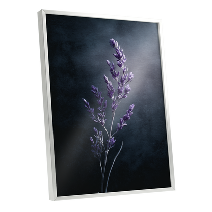 Violet Nocturne, black, blue, gray floral wall art shown as a silver framed poster wall art print